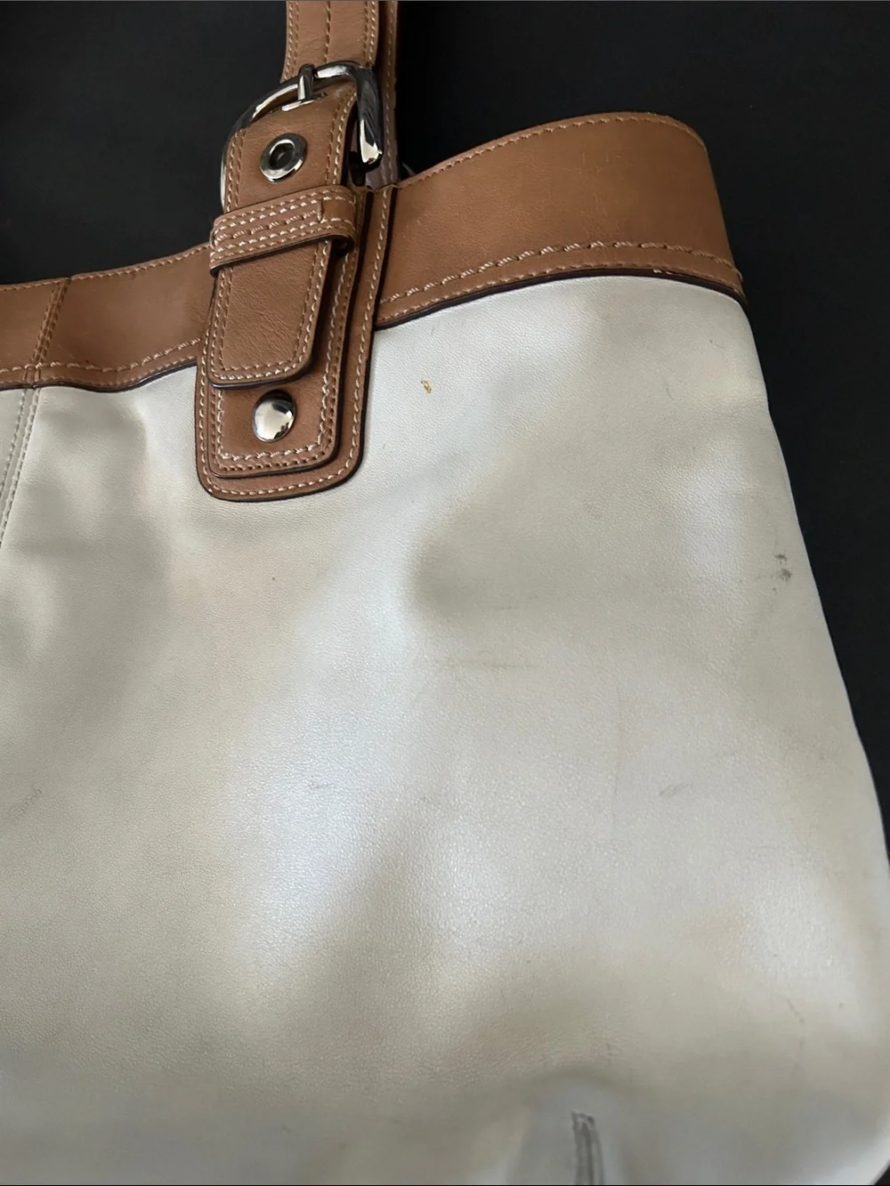 Coach Cream Canvas Shoulder Bag with Tan Leather Trim